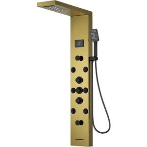 Shower Panel Tower System Stainless Steel LED Rainfall Waterfall Shower Head 5-Function Faucet Rain Massage System Wall Mount with 8 Body Jets, Handheld, and Tub Spout, Gold