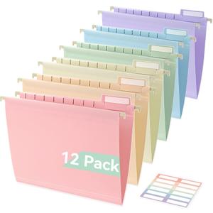 SortRax Plastic Hanging File Folders, Sturdy & Tear-Resistant, Letter Size, 12 Pack with Insertable 1/5-Cut Tabs, Pastel Colors