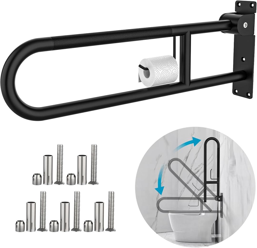 Toilet Grab Bar 30.3 Inch Black, Munzong Anti-Slip Handicap Grab Bars with Paper Holder, Flip-Up Bathroom Safety Rails, Stainless Steel Knurled Support handrails for Seniors Elderly Disabled Pregnant