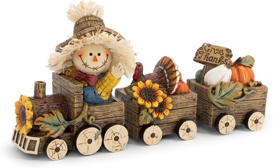 Hodao Harvest Festival Scarecrow Train Decoration  Thanksgiving Table Centerpiece Gift with Pumpkins, Turkey & Give Thanks Sign, Autumn Farmhouse Decor for Fall Party, Dining Table & Home