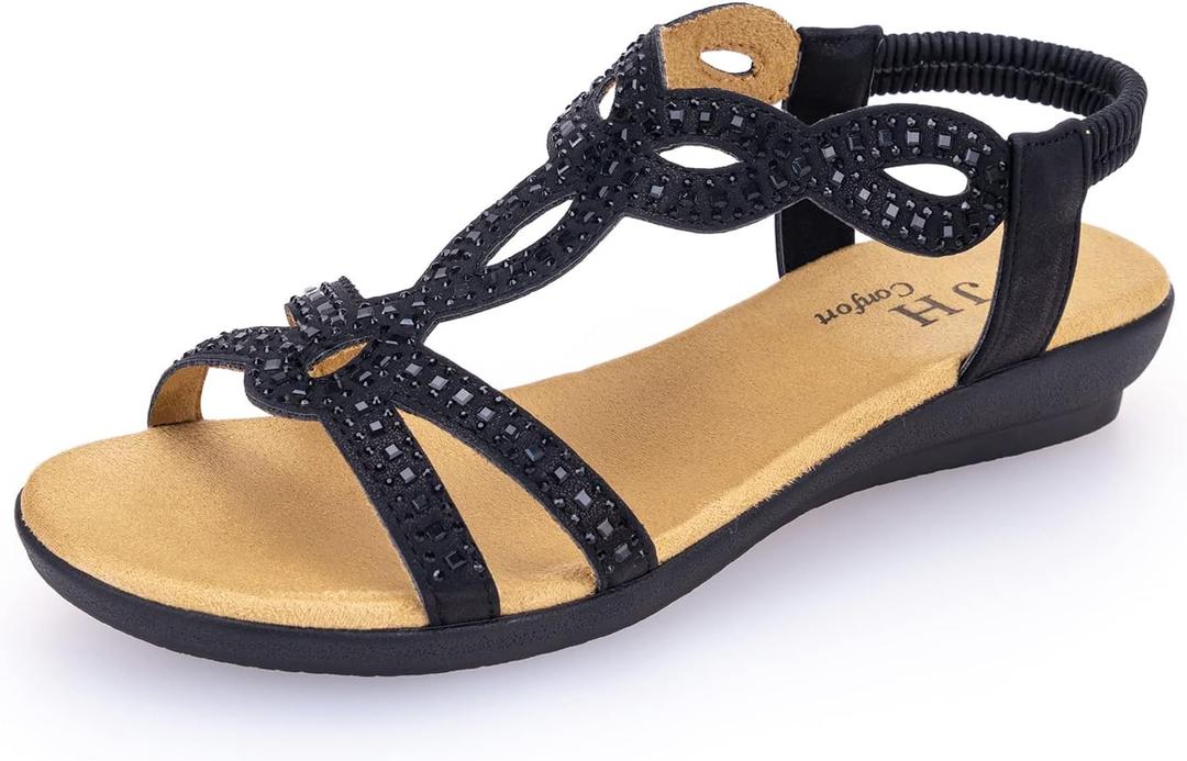 VJH confort Womens Flat Sandals,Comfort Elastic Strap Rhinestone Open Toe Slip-On Casual Walking Sandals (7.5, Black)