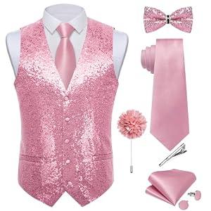 DiBanGu Mens Sequins Vest and Tie Set Solid V-Neck Shiny Dress Waistcoat Bowtie with pocket square for Prom Party Tuxedo, Pink, 3X-Large