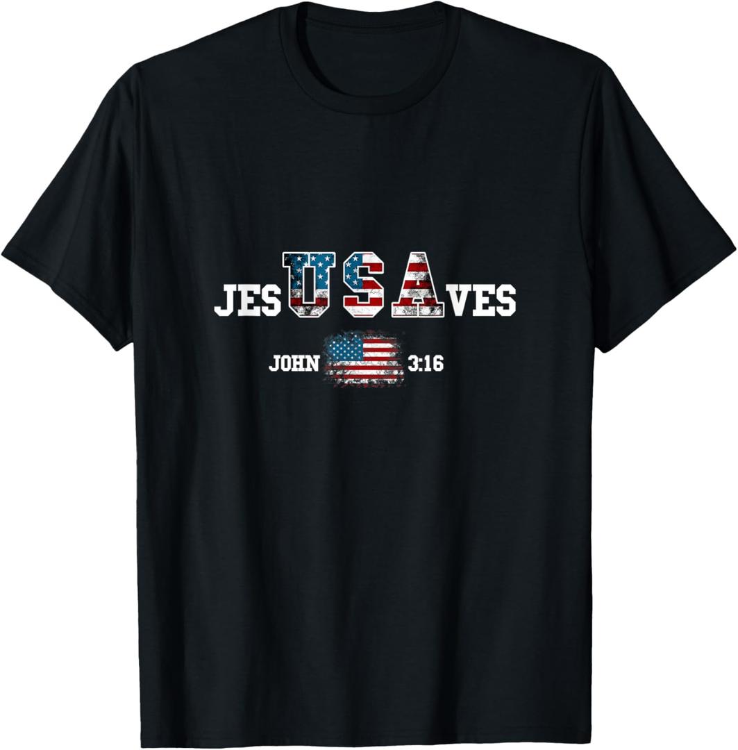 Jesus Saves USA American Flag Patriotic Christian Women Kids Men T-Shirt, S