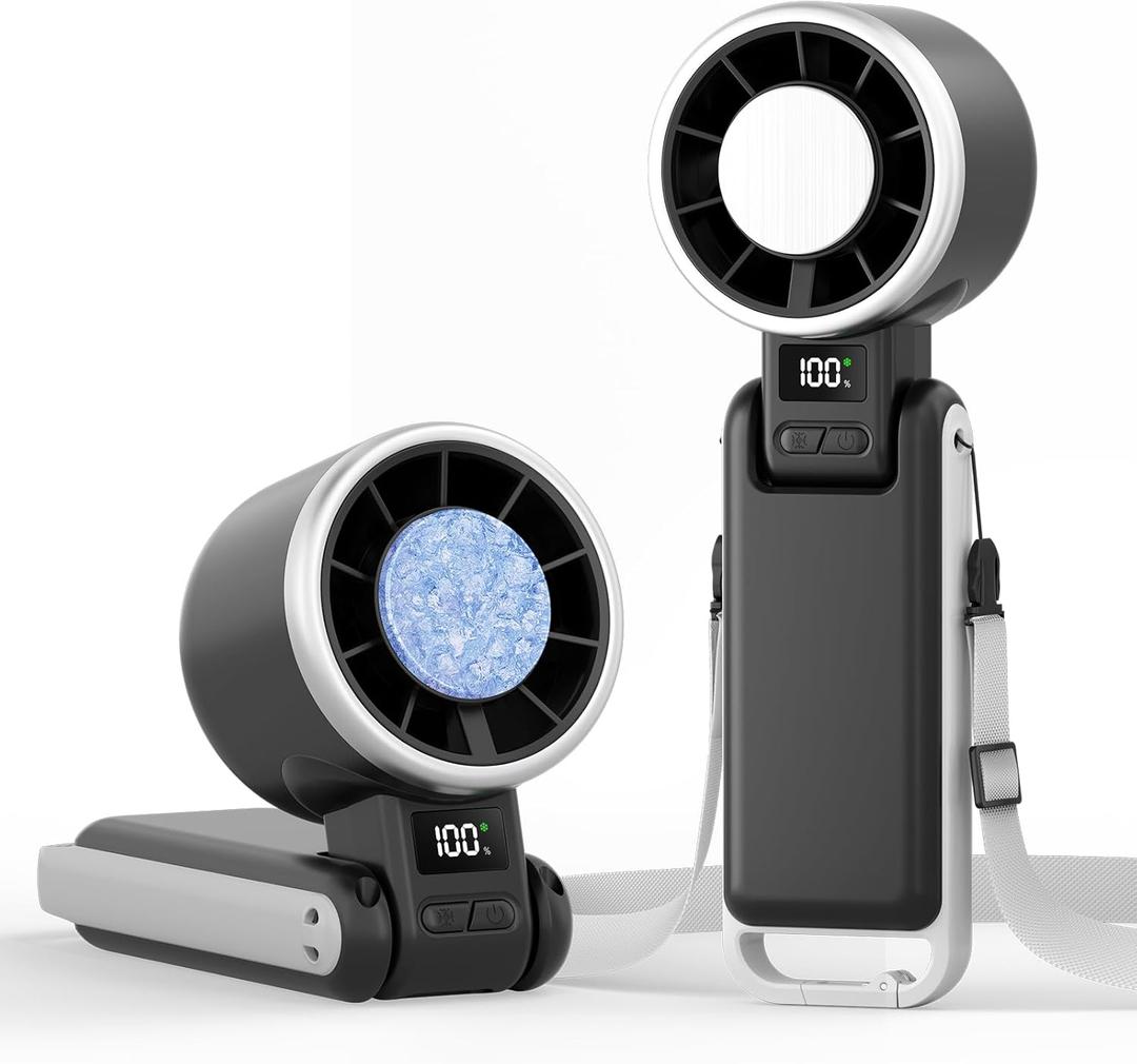 TriPole Portable Handheld Turbo Fan with Ice Cooling, 5 Speed Battery Rechargeable Foldable 3 in 1 Mini Fan, Neck & Desk Fan, Quiet Personal Fans for Outdoor, Travel, Camping, Hiking, Working (Black)