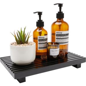 Renawe Black Bathroom Counter Tray Organizer Wood Riser Stand Kitchen Countertop Trays Wooden Pedesta Display Dish Soap Dispenser Holder for Bathroom Decor Sink Accessories Vanity Tray (12x6.7 inch)