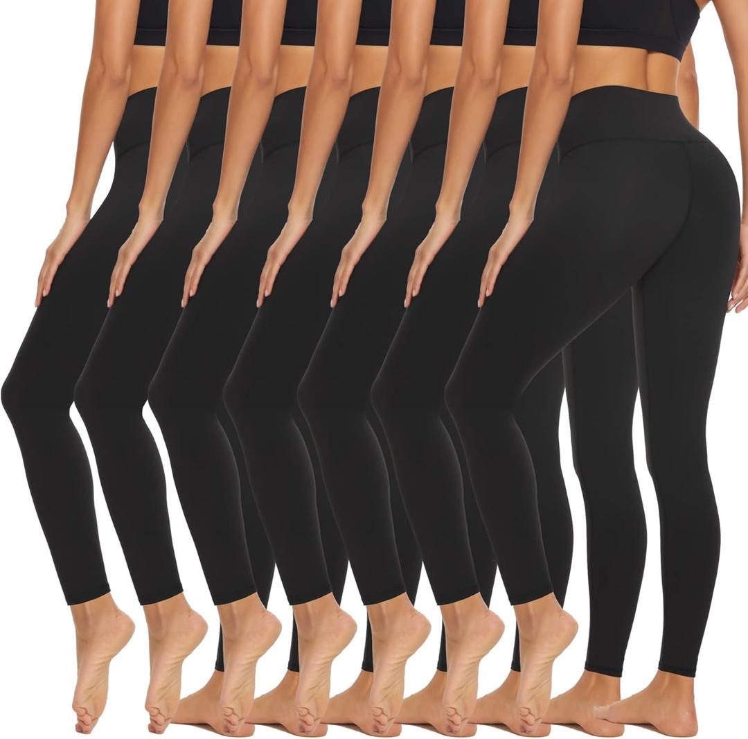FULLSOFT 7 Pack Leggings for Women - High Waisted Tummy Control Workout Yoga Running Pants Black Leggings (L, Black)