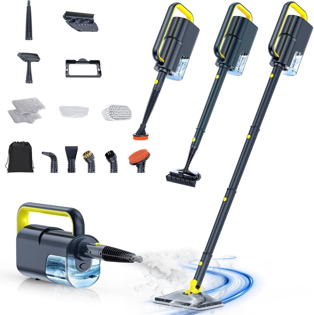 Steam Mop with Detachable Handheld Steam Cleaner, 10-in-1 Multi Accessories, Quick 10s Heat, 350ml and 2-Level Steamer for Cleaning Floor, Carpet, BBQ Grill, Tile, and Grout, Gray