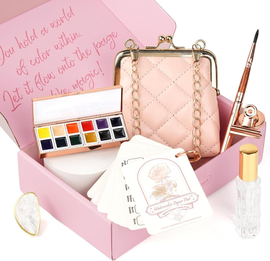 Funto Travel Watercolor Set, Fashion 12-Color Outdoor Paint Kit, with Crossbody Bag, Art Craft, Paint Supplies, Stocking Stuffers for Teen Girls, Portable Gift for Art, 12 Fl Oz