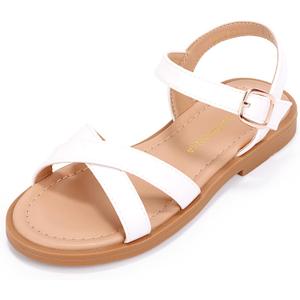 PANDANINJIA Elva Girls Sandals Open Toe Cute Flats Dress Sandals Cross Strappy Summer Shoes Toddler/Little Kid/Big Kid (White), Size 1