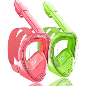 QingSong Kids Snorkel Mask Full Face, Snorkeling Set with Camera Mount, Foldable 180 Degree Panoramic View Snorkeling Gear Anti-Fog Anti-Leak (X-Small, Pink/Lemon Green)