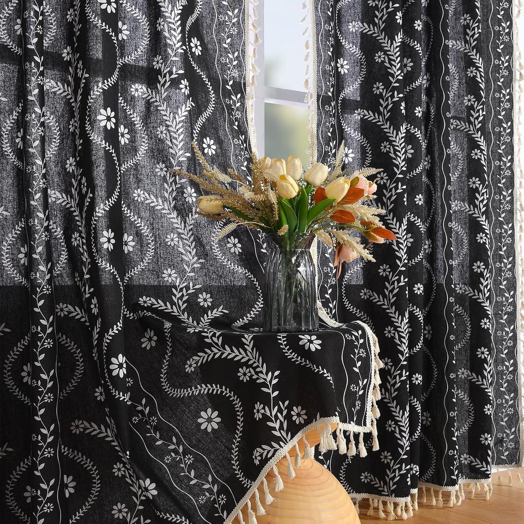 Boho Curtains for Living Room 63 Inches Long Semi Sheer Linen Floral Curtains Vintage Farmhouse Window Curtain 2 Panel Sets for Dining Room Kitchen Black