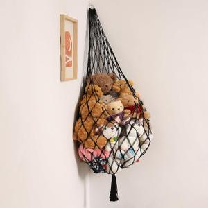 Stuffed Animal Hammock Corner Hanging Net for Stuffy Animal Storage Macrame Toy Display Plushie Toy Holder-Perfect for The Tiny Space Walls, Kid Bedroom Decor Playroom Organizer (Black, XL)