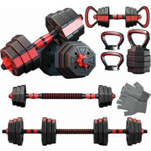 6-in-1 Adjustable Dumbbell & Barbell Weight Set, 45LB Octagon Anti-Roll Iron Sand & Cement Composite Weights, All-in-One Home Gym Equipment with Kettlebell, Push-up Stands & Gloves