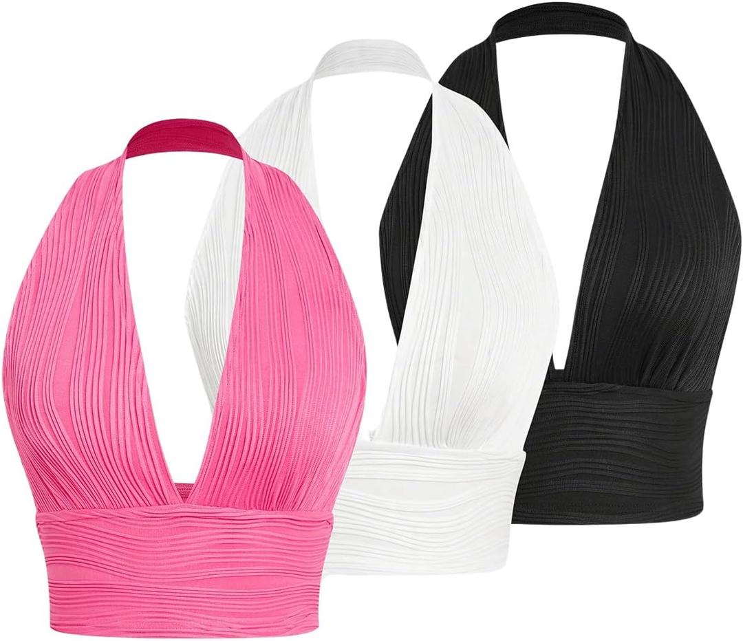 Floerns Women's 3Pcs Deep V Neck Seamless Knitted Backless Halter Tank Crop Top