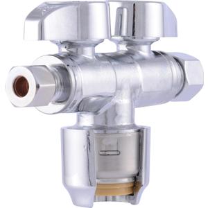 SharkBite Max Dual Shut Off Quarter-Turn Brass Ball Valve, 1/2 Inch Push to Connect x 3/8 Inch OD Compression x 1/4 Inch OD Compression, Chrome, URDS123814