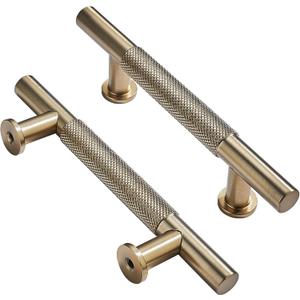 khtumeware 10 Pack 4 Inch(102mm) Drawer Handles Knurled Brushed Brass Cabinet Pulls Drawer Pulls Kitchen Hardware Kitchen Handles for Cabinets Cupboard Handles