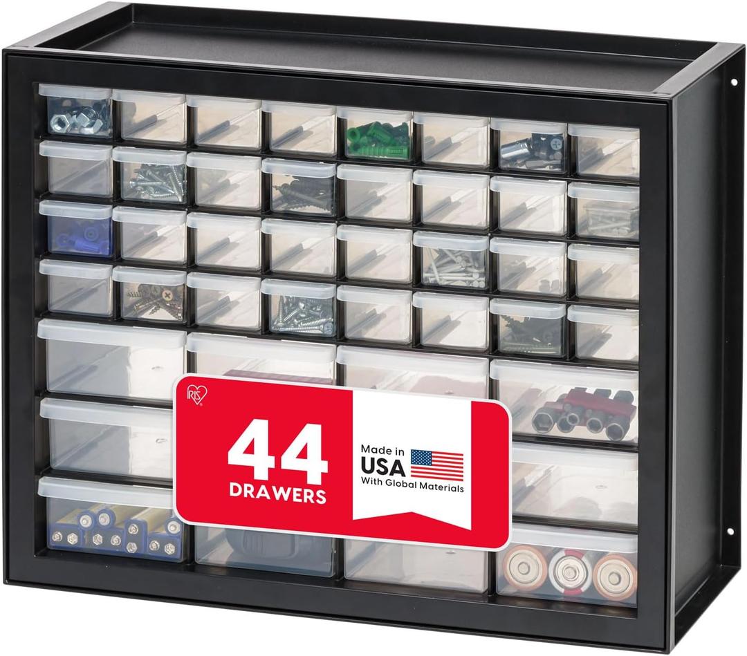 IRIS USA Small Parts Storage, Made in USA, Cabinet, 44-Drawer Organizer for Screws, Nuts, Bolts, Electronics, Hardware, Beads, Crafts, Building Bricks, Stackable Garage Storage Black