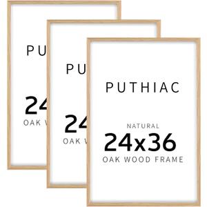 puthiac 24x36 Solid Oak Wood Picture Frame, 24 x 36 Poster Frames for Wall, Vertical or Horizontal, Plexi Front, 3 Pack, Natural Oak