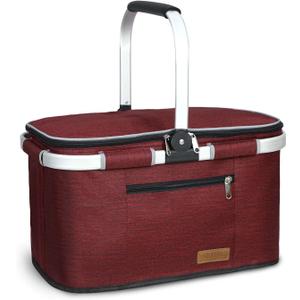 35L Large Picnic Basket 2 Layers of Internal Pockets Leak-Proof and Insulated Folding, Internal Support Does Not House Warming Gifts New Home, Wedding Gifts for Couple (Wine Red)