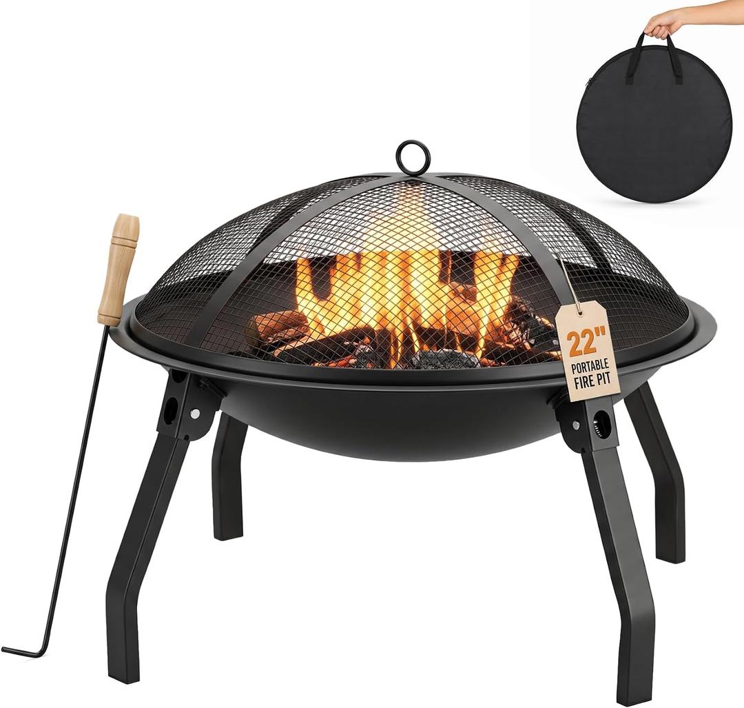 22" Small Fire Pit - Wood Burning Outdoor Fire Pit with Grill, Carry Bag
Compact 22-Inch Design, Folding Legs, Carry Bag Included, Spark Screen, Cooking Grate, Fire Poker, Backyard Patio Camping