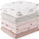 Susurration Muslin Burp Cloths Baby Washcloths 100% Cotton Burp Cloths Baby Girl 5 Pack, Absorbent and Soft Cloth Diapers 23.6 * 23.6 inch, Baby Girl Newborn Essentials-Pink Star