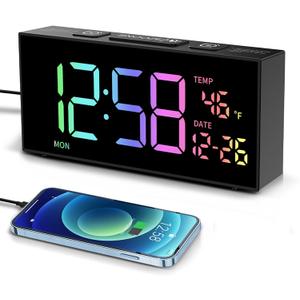 Netzu Alarm Clocks for Bedrooms, Digital Clock with Date Temperature and Weekday, Manual DST, Snooze, 2 Alarms, 4 Volumes Bedside Desk for Living Room Home Bedside Desk (RGB)