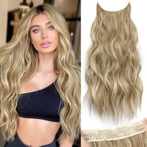 KooKaStyle Invisible Wire Hair Extensions with Transparent Wire Adjustable Size 4 Secure Clips Long Wavy Secret Hairpiece (24 Inch, Dark Ash Blonde mix Light Blonde Highlights)