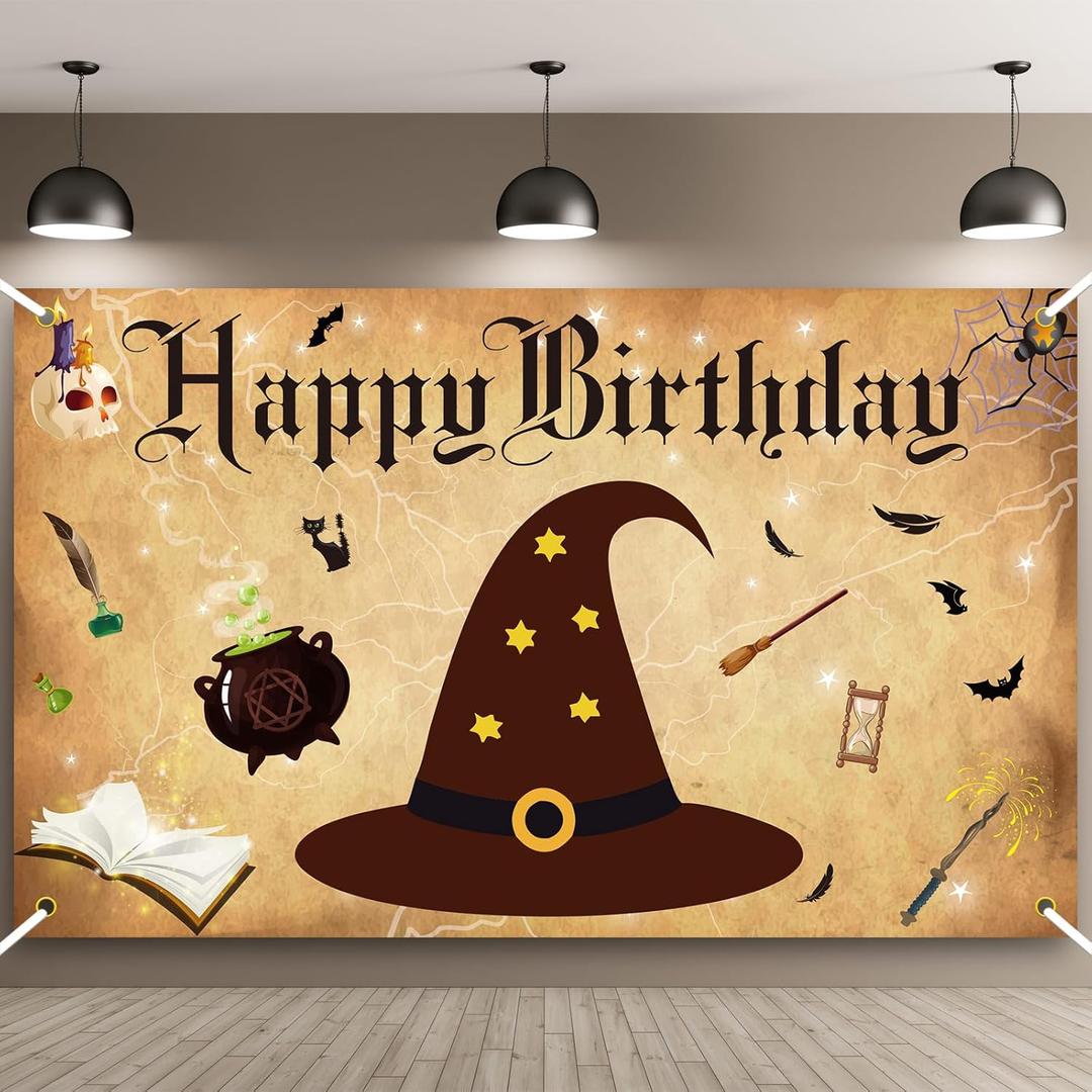 Magic Wizard Happy Birthday Party Supplies Magical Wizard Banner Backdrop Hat Party Background Photo Booth for Boys Girls Birthday School Wall Decoration, 6 x 3.6 Feet