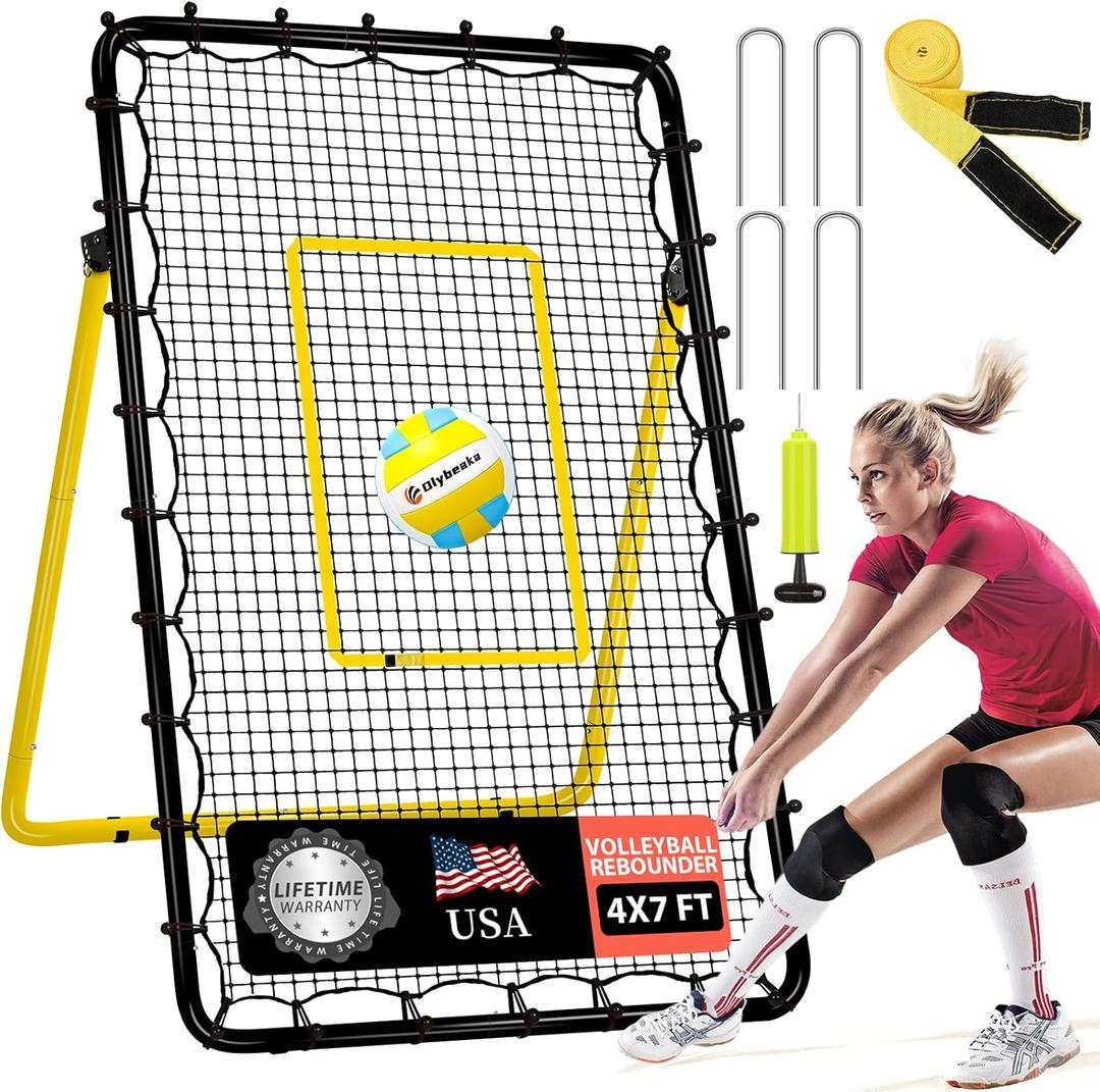 6-Angle Adjustable Volleyball Rebounder Net 7x4ft, High Stable Bounce Back Training Equipment for Practicing Volleying Bumping Spiking with High-Tension Net, PU Volleyball and Pump, Stakes