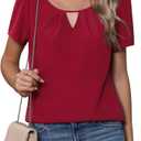 CZYINXIAN Womens Summer Casual Short Sleeve Blouse Dressy Round Neck Business Chiffon Tops Shirt(B Red, Medium)