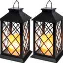 Homemory Solar Lanterns Outdoor Waterproof Hanging with Flickering Flameless Candles, 2 Pack 13'' Garden Outdoor Lantern Decorative for Patio Front Porch Backyard Balcony Cabin Outside Table(Black)