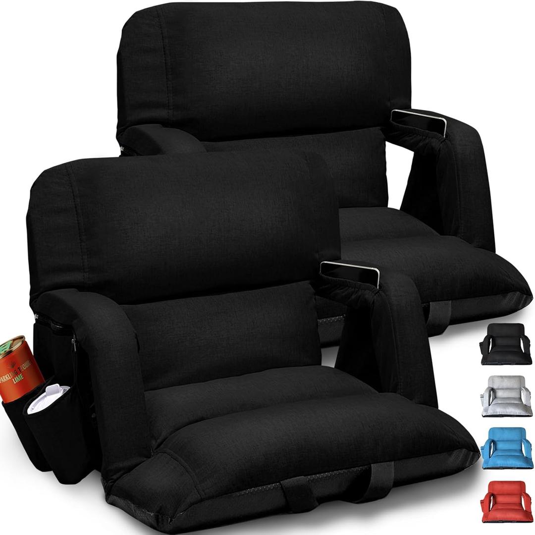 Wide Stadium Seats With Back Support 2 Pack, Exclusive "Sofa Style" Design Extra Thick Bleacher Chairs With Back and Cushion, 6 Reclining Positions - Ultimate Comfort for Sports Events (Black, 22.5")