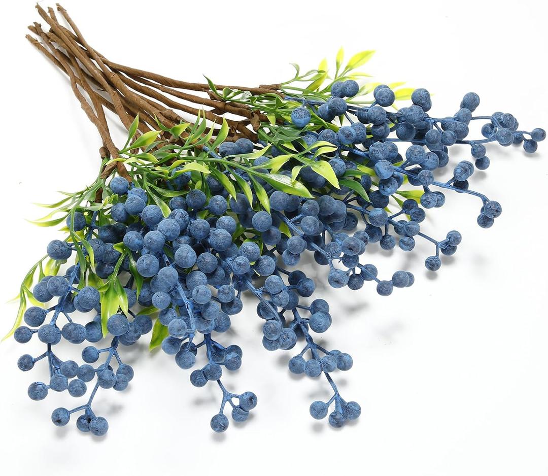 Giegxin 12 Pack Artificial Blue Berry Stems Fake Blueberries Picks, Artificial Flowers Decorative Stickers, Faux Blueberry Accessories for Party Wedding Decoration Home (13.7 Inch)