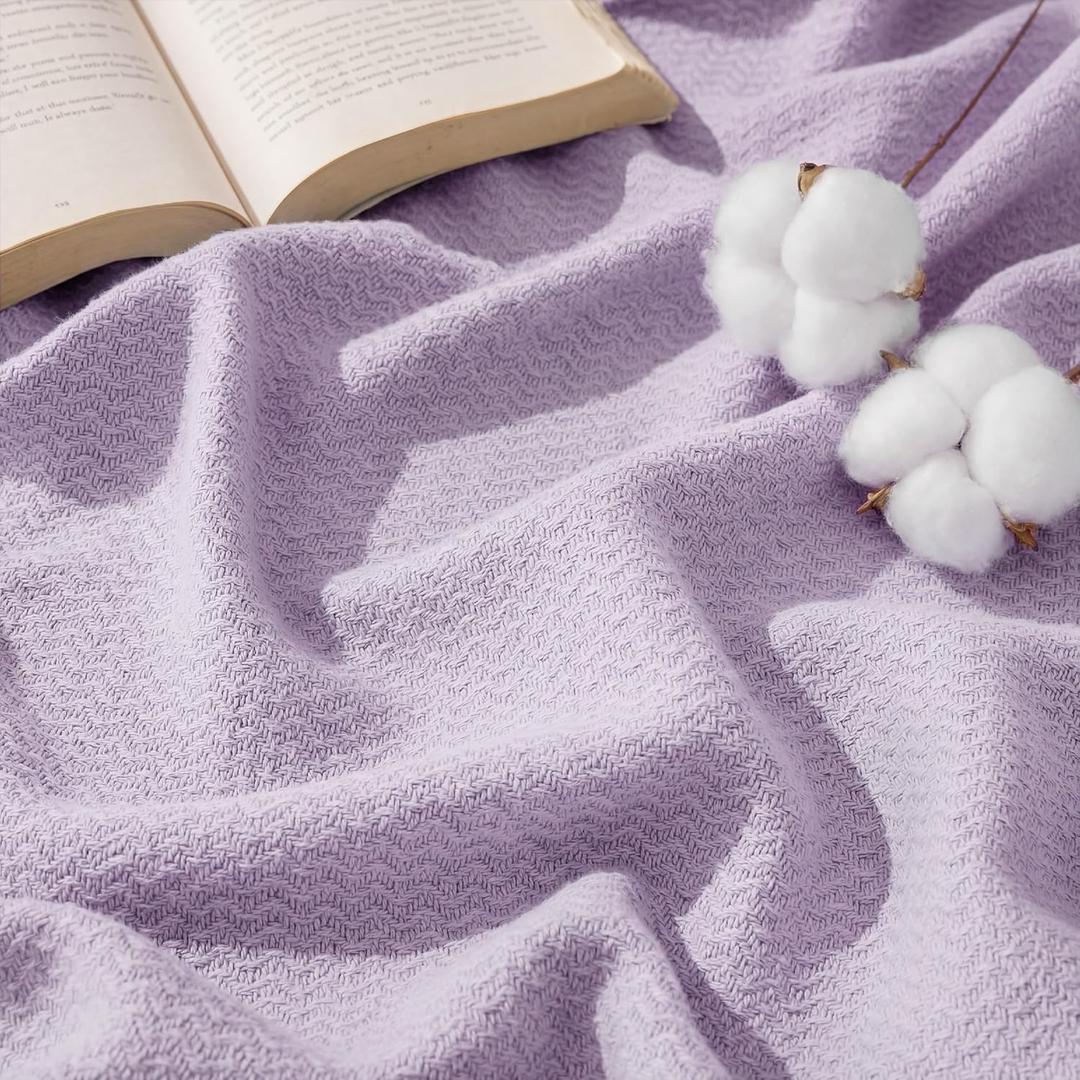 Bedsure GentleSoft 100% Cotton Blanket Queen Size for Bed - Breathable and Lightweight, Soft Cozy Textured Herringbone Woven Blanket for Summer, Light Purple, 90x90 inches