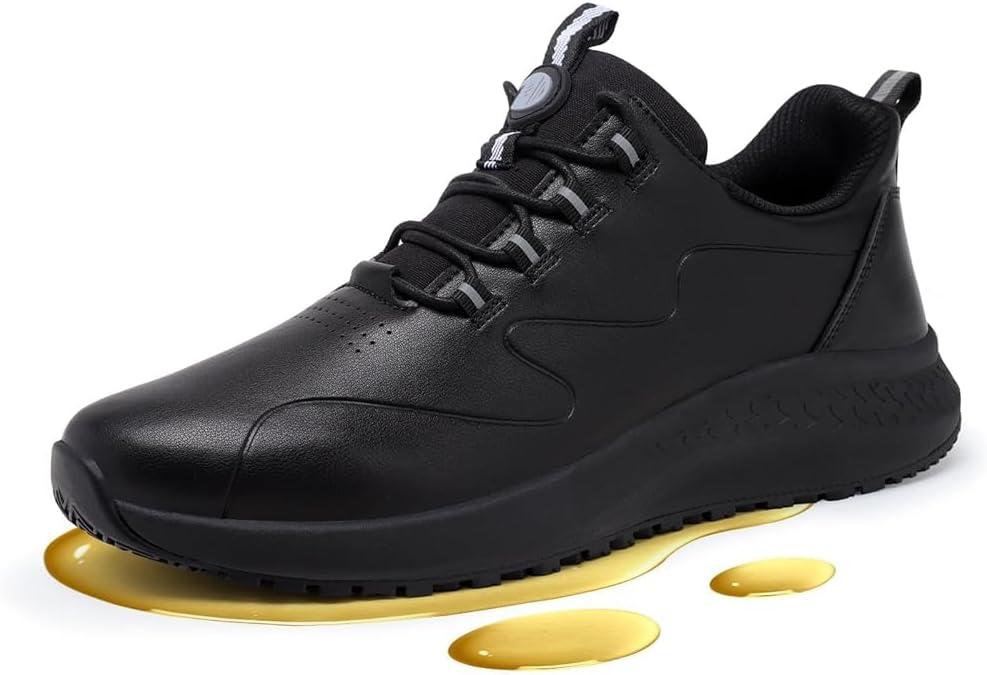Non Slip Work Shoes for Men Slip on Waterproof Kitchen Chef Restaurant Walking Sneakers Comfortable Food Service Working Footwear Leather Nursing Shoe (8.5 Wide, Black)