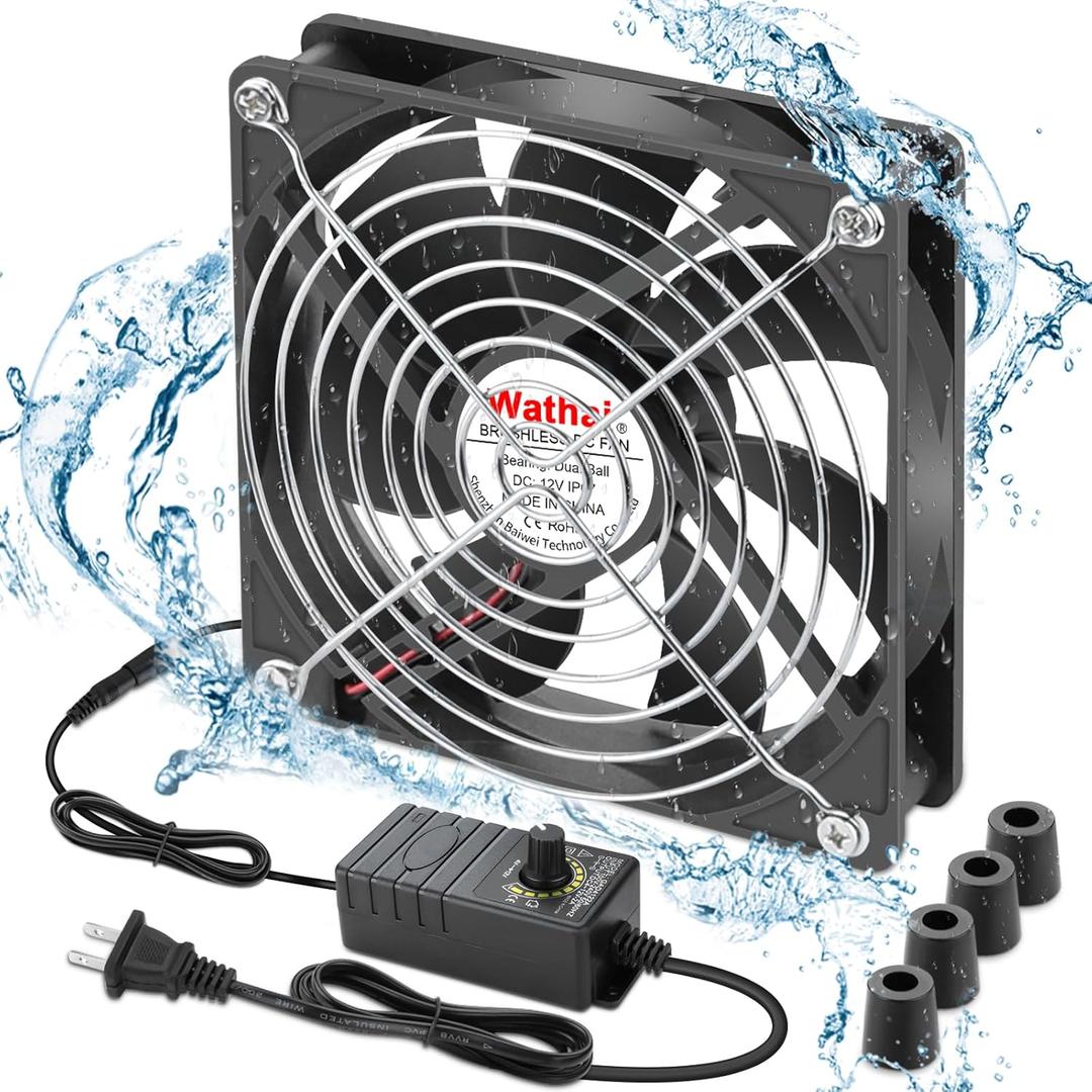 Wathai 120mm x 25mm Waterproof Small Box Fan IP67 12V Computer Fan with AC Plug Speed Controller 110v 120v 220v 240v for Biltong Box, Grow Tent, Terrarium, Aquarium, Greenhouse Cooling