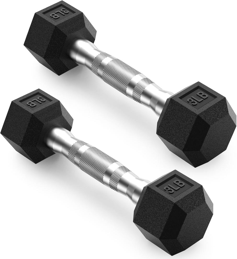 PAPABABE HEX Dumbbell Set 2.5-125lb, Rubber Encased Home Gym Dumbbells, Exercise & Fitness Weights Dumbbells for Women & Men, Hand Weight for Strength Training (3 lb, Pair)
