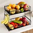 2 Tier Fruit Basket for Kitchen Countertop with 2 Banana Hangers,Detachable Metal Fruit Bowl with Wooden Handles and Protective Pads,Large Capacity Fruit and Vegetable Basket Organizer,Black