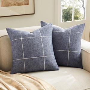 2 Packs Grid Embroidery Throw Pillow Covers, 20x20 Inch Navy Blue, Farmhouse Linen Decorative Navy Blue Cushion Covers for Sofa Bed Living Room Home Decor, Navy Blue, 20" x 20" (Pack of 2)