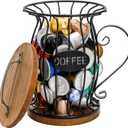 WRINGKIT Rustic Coffee Pod Holder with Lid, K Cup Pods Holder for Counter, Large Capacity Black Wire Coffee Pod Filter Storage Basket for Espresso Capsule, Wooden Base