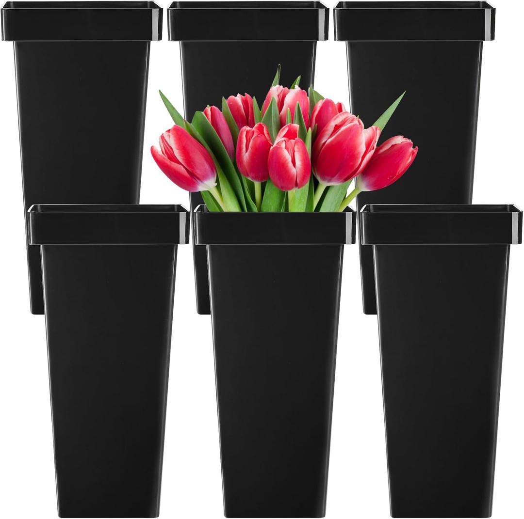 Kingrol 6 Pack Plastic Flower Vases, Modern Square Vase, Multipurpose Buckets, Accents Home Office Event Centerpieces Decor, Black, 6.75 x 6.75 x 13.25 Inch