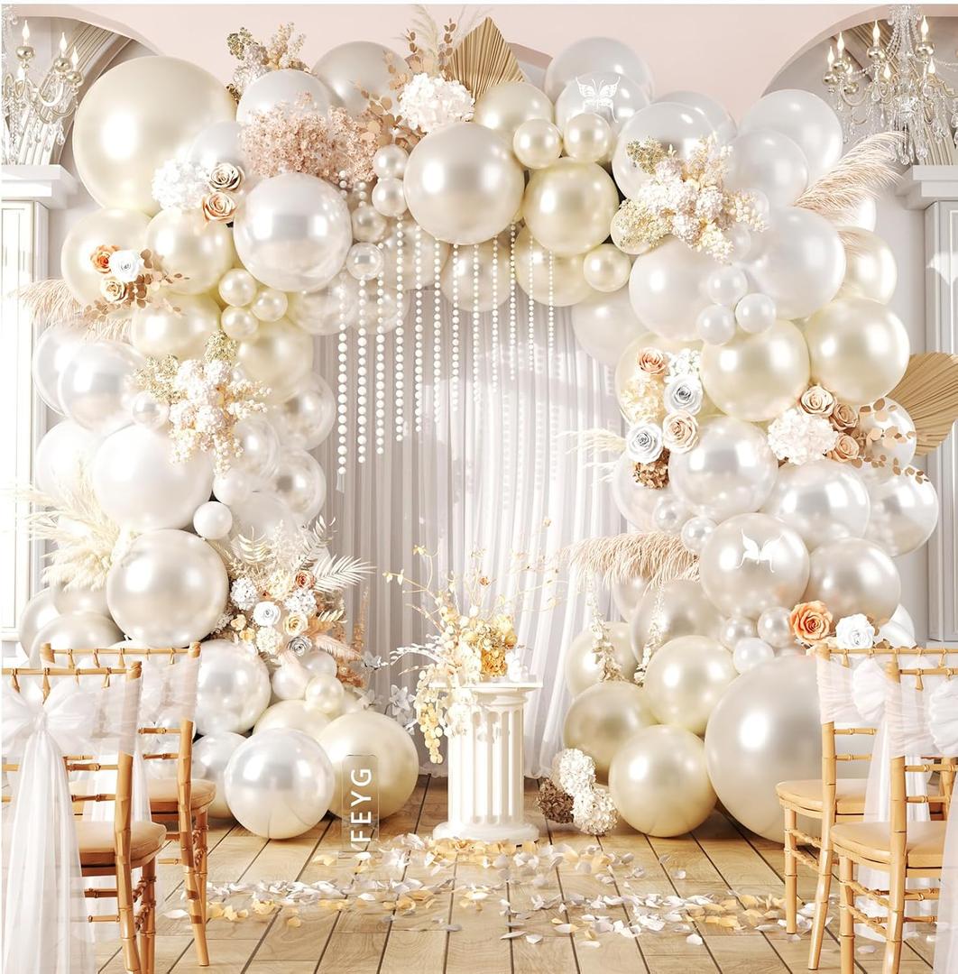 Pearl White Balloon Garland Arch Kit, Double Stuffed Pearl White Cream Ivory Sand White Party Balloons for Wedding Bridal Baby Shower Bachelorette Neutral Anniversary Birthday Party Decorations