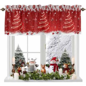 Christmas Valance Curtain Rod Pocket for Kitchen Living Room Bathroom, Red Sparkle Ornaments Short Topper Curtains White Xmas Tree Pine Needle Privacy Window Treatment 42 x 12 Inch, 1 Panel (Red)