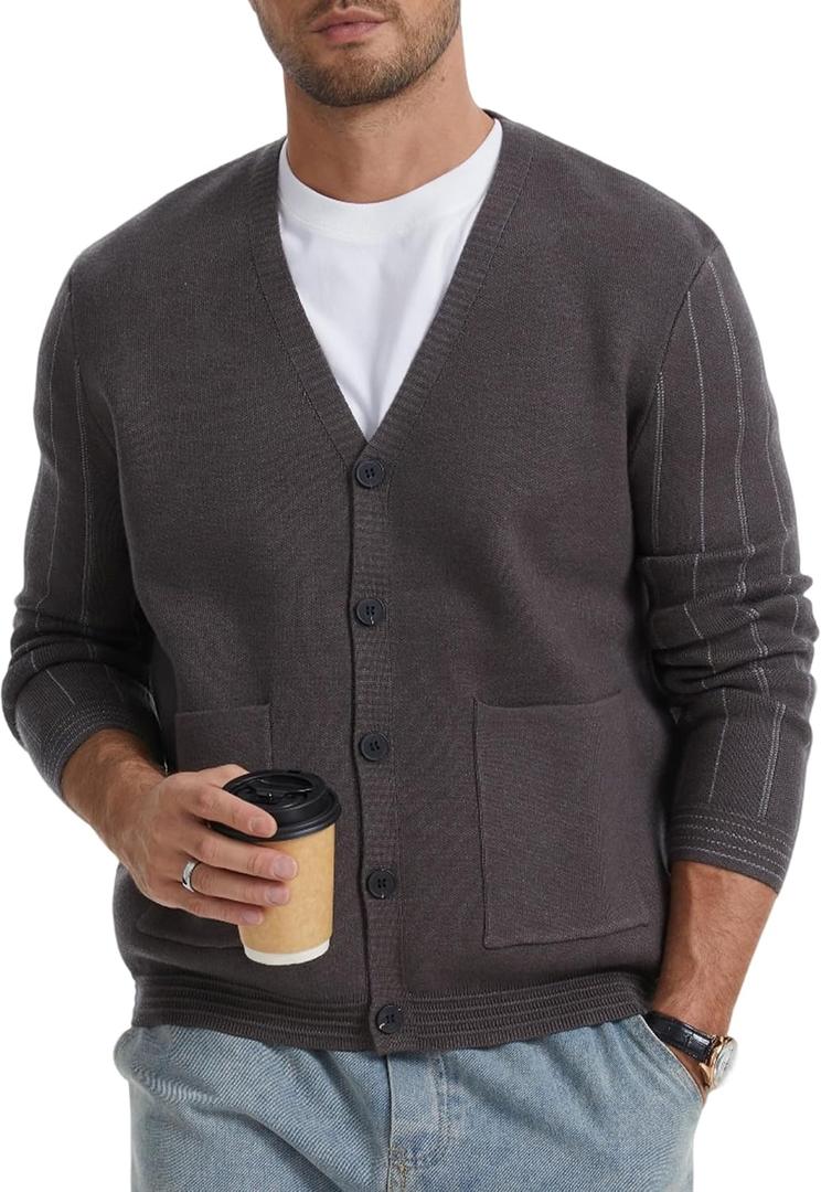 Men's Cardigan Sweater Button Front V-Neck Long Sleeve Knit Sweaters (3XL, Gray)
