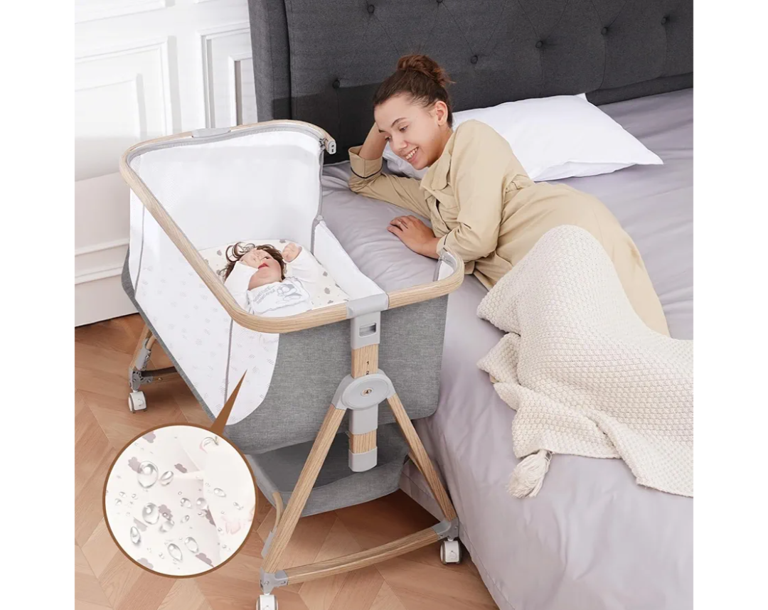 Baby Bassinet Bedside Sleeper - 3 in 1 Bassinets with Waterproof Sheets, Soft Mattress and Breathable Mesh, Adjustable Height Bedside Bassinet for Baby with Wheels, Storage Basket, Gray