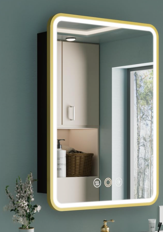 keazile 20x28 Inch Medicine Cabinet with Mirror, Recessed or Surface Mount Bathroom Medicine Cabinet with LED Lights, Anti-Fog, Memory Function, Adjustable Shelf, Dimmable Light, ETL Listed, Gold,Left Hinge