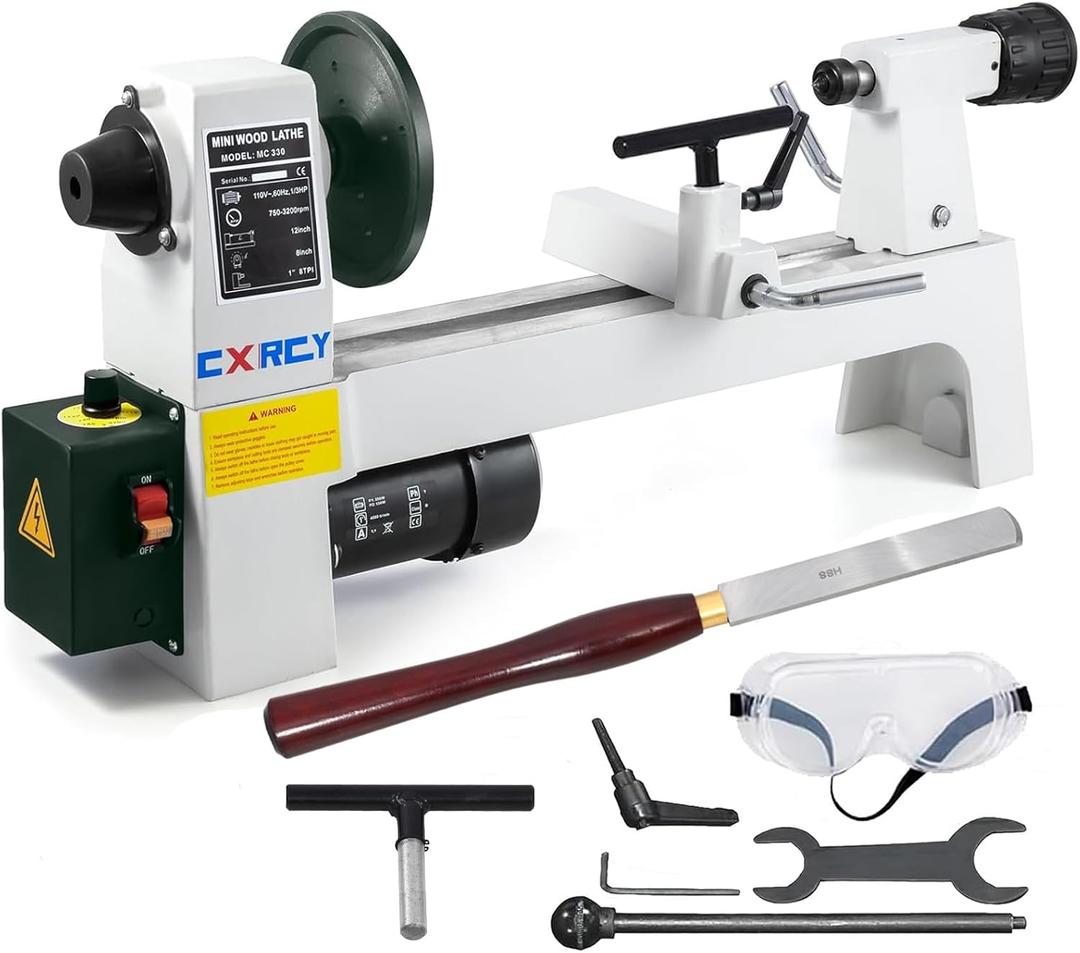 CXRCY Wood Lathe, 8" x 12" Mini Benchtop Wood Lathe Machine 1/3 HP Infinitely Variable Speed 750-3200 RPM with 2 Tool Rests, Lathe Chisel, Goggle for Woodworking, Woodturning (8"x12" (W/Chisel))