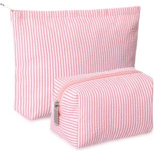 Huhumy 2 Pcs Makeup Bag Set Cute Cosmetic Pouch for Women Seersucker Travel Toiletry Bag Preppy Small Makeup Purse Pouch Aesthetic Skincare Brushes Storage Organizer for Valentine Women(Rose Pink)