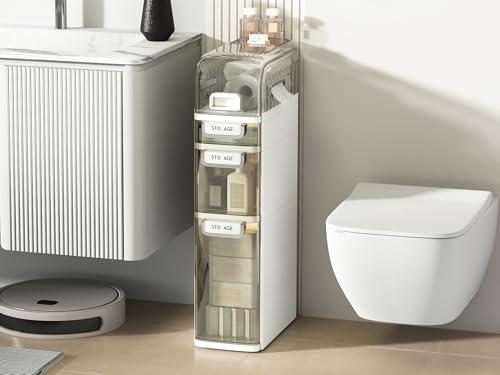 Seeday 3 Tier Slim Bathroom Storage Cabinet, Narrow Organizer with Wheels and Toilet Paper Holder, Waterproof, No Assembly Required, Perfect for Small Spaces in Bathroom, Kitchen and Bedroom