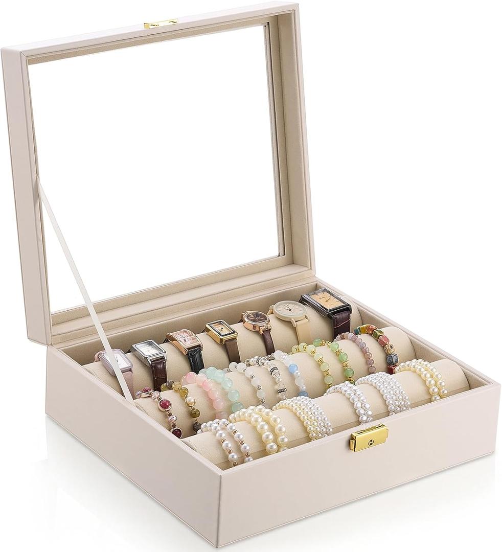 Nosiny Bracelet Display Holder with 3 Removable Rolls Bangle Organizer Display Clear Lid Bracelet Organizer Box Jewelry Storage Case for Women Retail Bracelets Watch Stores(Beige,PU Leather)